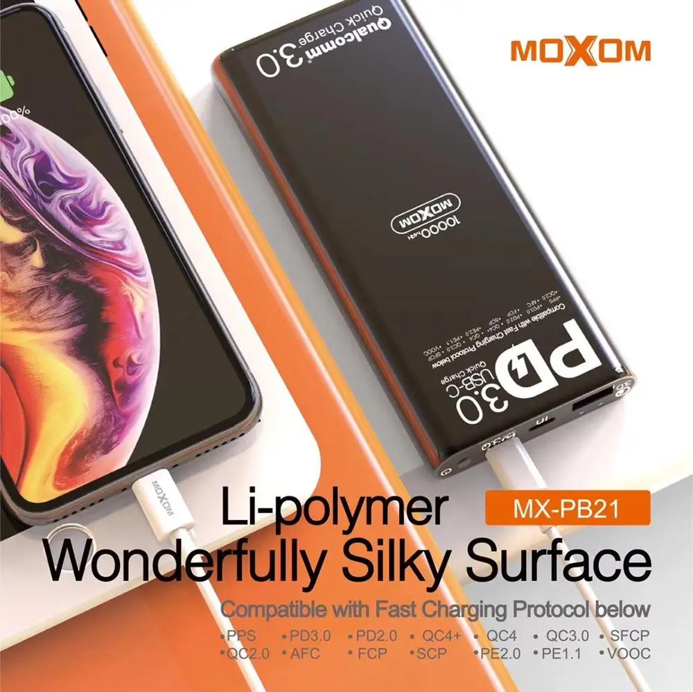 Внешний аккумулятор MOXOM на 10000 мА · ч с портом USB Type C и поддержкой быстрой