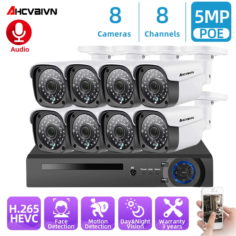 

8CH 5MP HDMI POE NVR Kit CCTV Security System IR Outdoor Audio Record 5MP IP Camera P2P Video Surveillance Set 2TB HDD