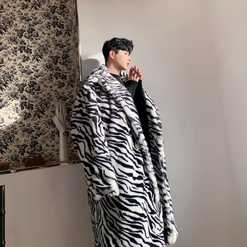 

Men Overcoat Zebra Pattern Faux Fur Long Coat Male Women Streetwear Vintage Fashion Hip Hop Thick Jacket Outerwear