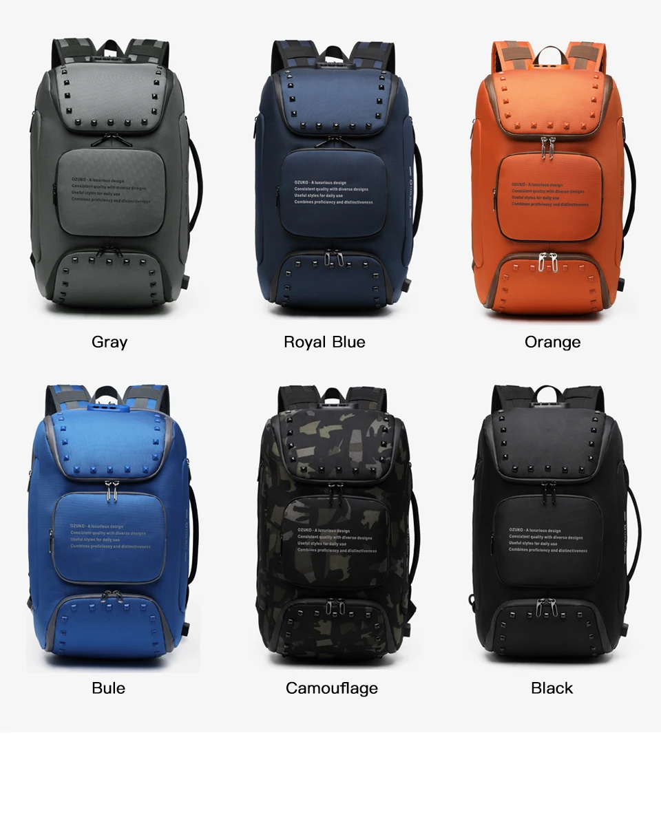 OZUKO Многофункциональный Противоугонный рюкзак для мужчин, модный рюкзак с заклепками для подростков, мужской рюкзак с USB зарядкой, водонепроницаемые Рюкзаки, дорожная сумка