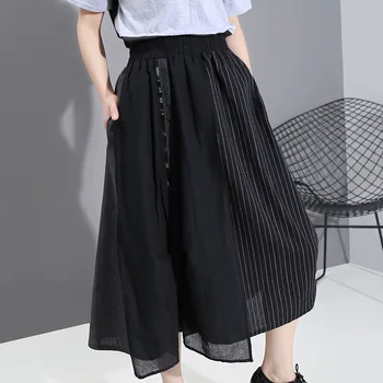 

Women's Vintage Pleated Midi Skirts - A-Line High Waist Swing Flared Skirts All-match Striped High Waist skirt Stitching