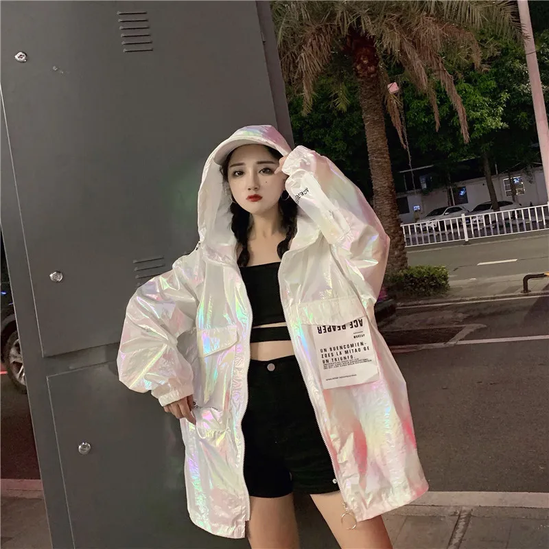 2019 Свободное пальто Harajuku ветровка куртки осенняя голографическая туника базовая