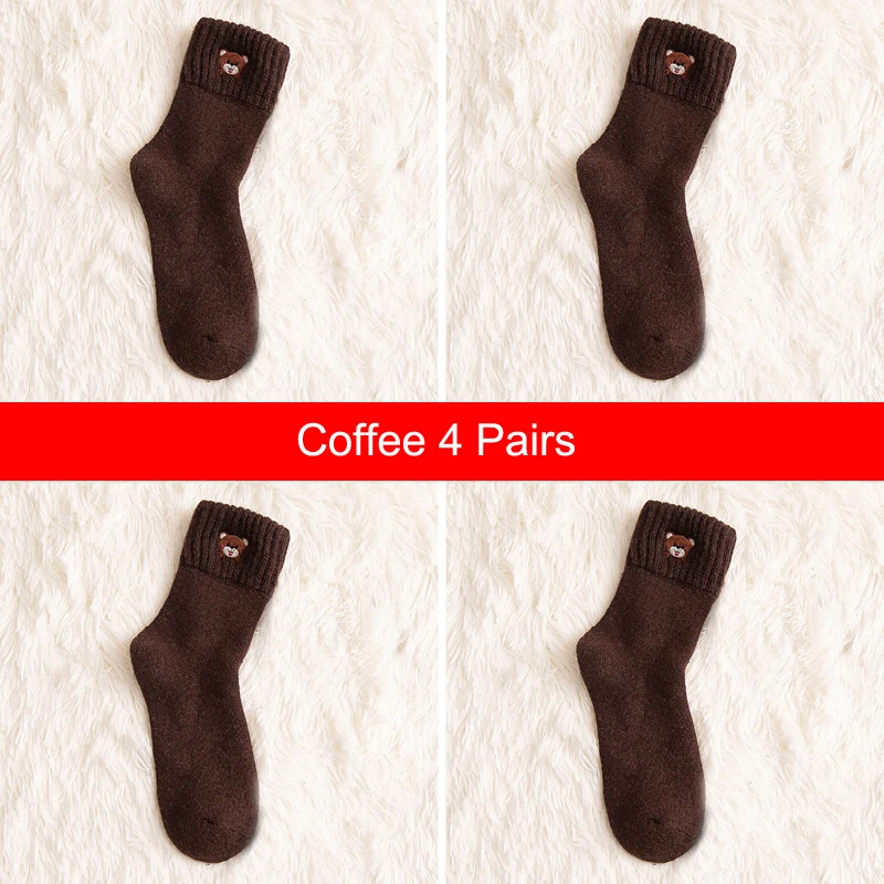 Coffee 4 Pairs Осенне-зимние утепленные шерстяные носки, женские носки средней длины, хлопковые носки, носки с милым медвежонком из мультфильма, 4 пары - Цвет: Coffee 4 Pairs