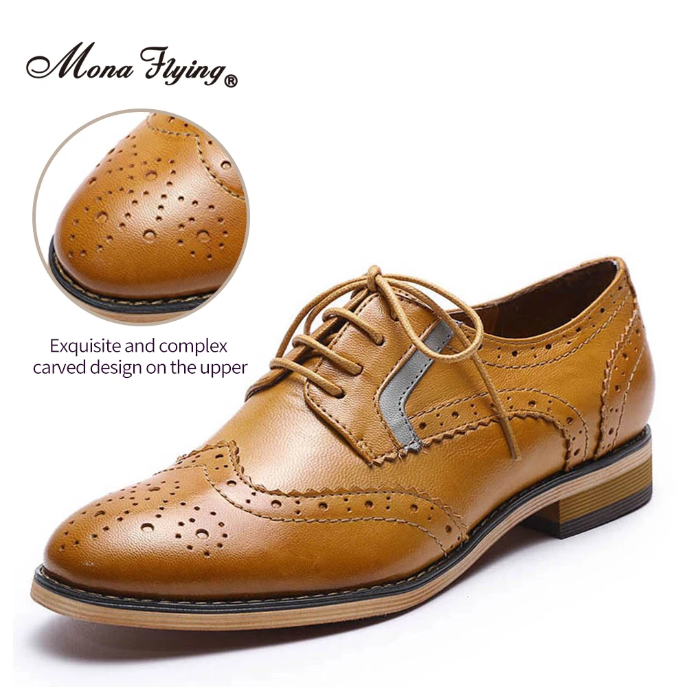 Mona Flying Women Premium Leather Wingtip Oxfords Brogue Comfort Hand-made Lace-up Shoes