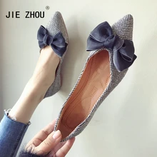 Новинка; сезон весна-осень; модная женская обувь на плоской подошве; повседневные водонепроницаемые мокасины в полоску из хлопчатобумажной ткани; женская обувь на плоской подошве с острым закрытым носком и большим бантом