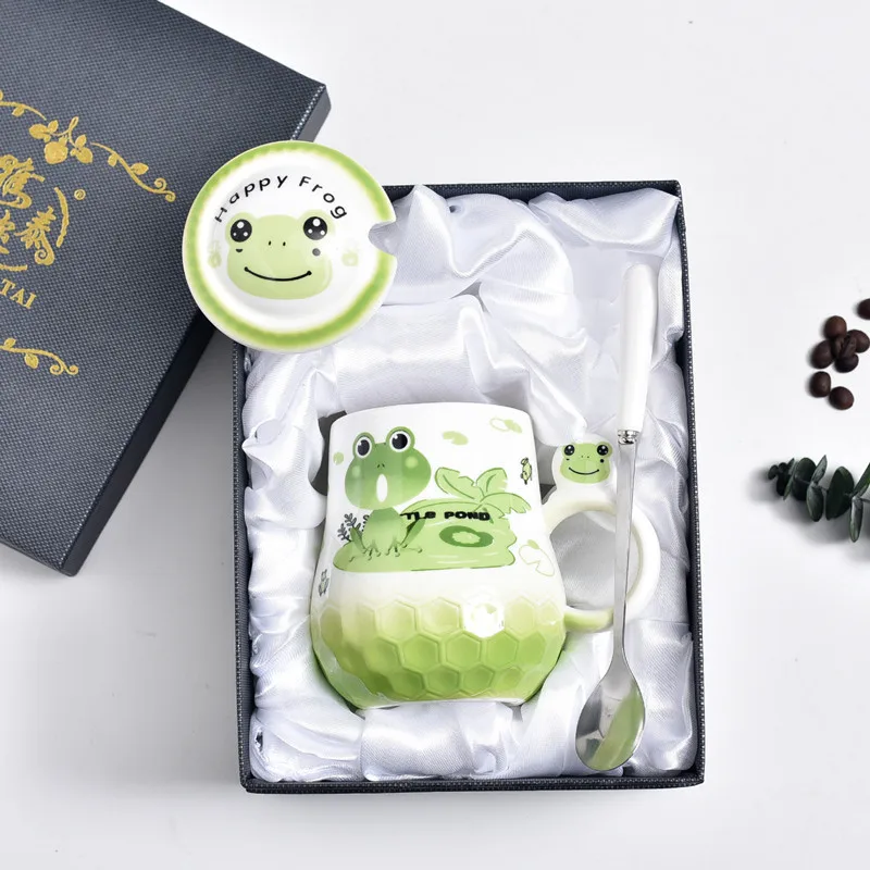 Креативная термостойкая кружка с 3d-изображением животных, чашка с крышкой 380 мл, кофейные керамические кружки с лягушкой, детская офисная кружка, подарок - Цвет: B(with gift box)