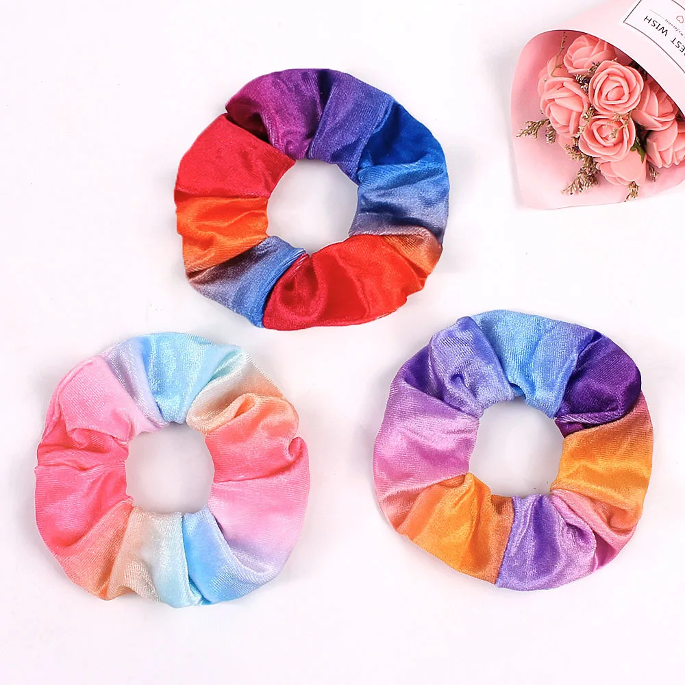 

Velvet Hair Scrunchies Elastic Hair Bands Rainbow Color Simple Women Customized Head Wear Ponytail Holder Girls Hair Accessories