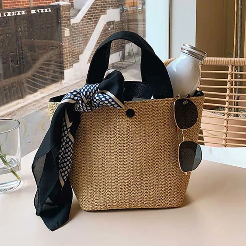 Винтажные садовые пляжные богемные сумки, праздничные тканые соломенные одноцветные большие вместительные ручные сумки