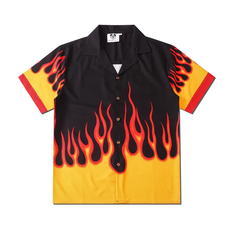 Men's Clothing Y2K Fashion Vintage Flame Print Maglia Short Sleeve Shirts Summer New Casual Hawaiian Beach Viking Man Shirt