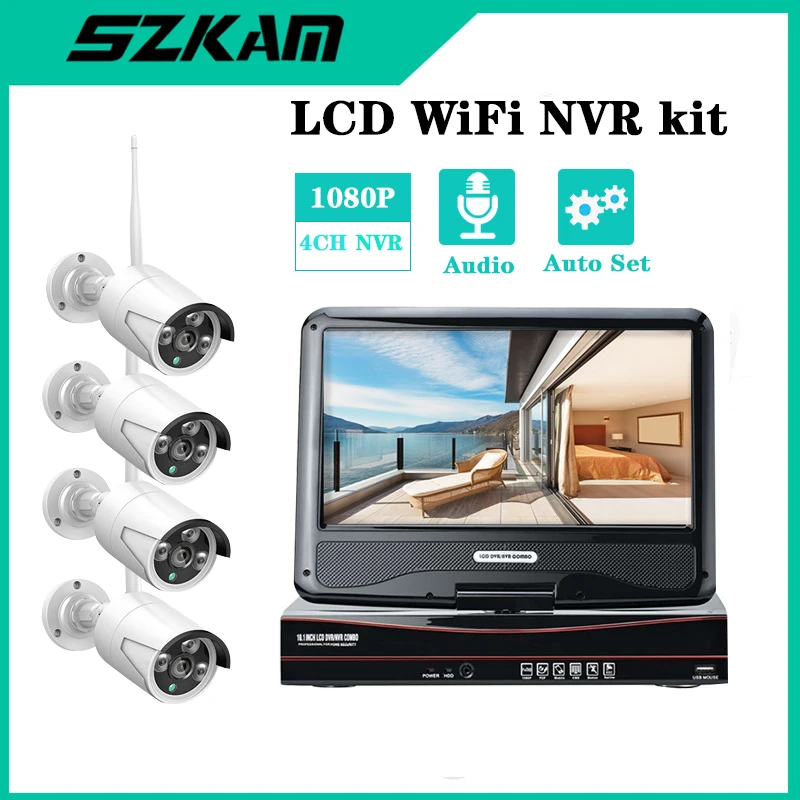 

10'' LCD Wireless Nvr wifi Kit 4CH 2MP Network Surveillance Camera Monitor Recorder 1080P HD Video Audio Security CCTV System