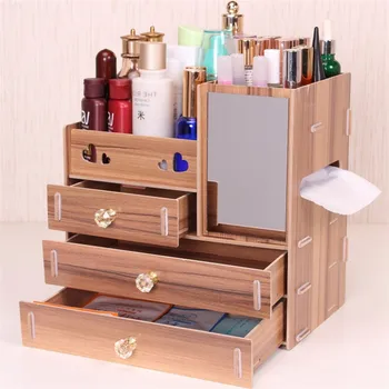 

1PCs Large Capacity Wooden Cosmetics Organizer Makeup Storage Box With Mirror DIY Multifunctional Desktop Drawers Cosmetic Case
