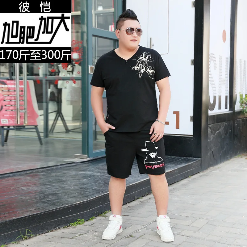 

Bikai Big Code Youth Loose Summer Plus Fat Increase Code V Collar Short Sleeve Grasshopper Printing T Shirt Yes Pocket Shorts