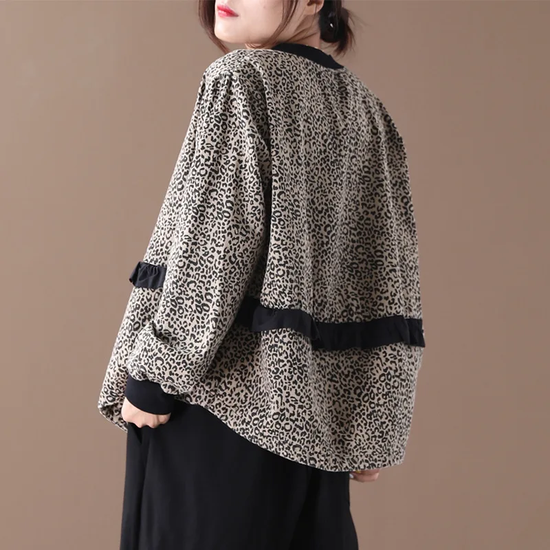 

Autumn Clothing 2019 New Style Korean-style Loose And Plus-sized Literature And Art Leopord Pattern Frilled Joint Cardigan Short