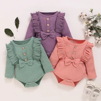 

Toddler’s Autumn Baby Boys Girls Cozy Clothes Solid Round-Neck Ruffle Long Sleeve Rompers with Bowknot Baby Girl 0-18 Months