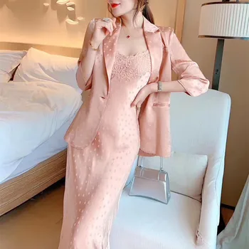 

Woman Suits Lady Suit Office Dress 2 Two Piece Set Korean High Quality Spring Summer Fall Blazer Jacket Lace Satin Sexy Clothes