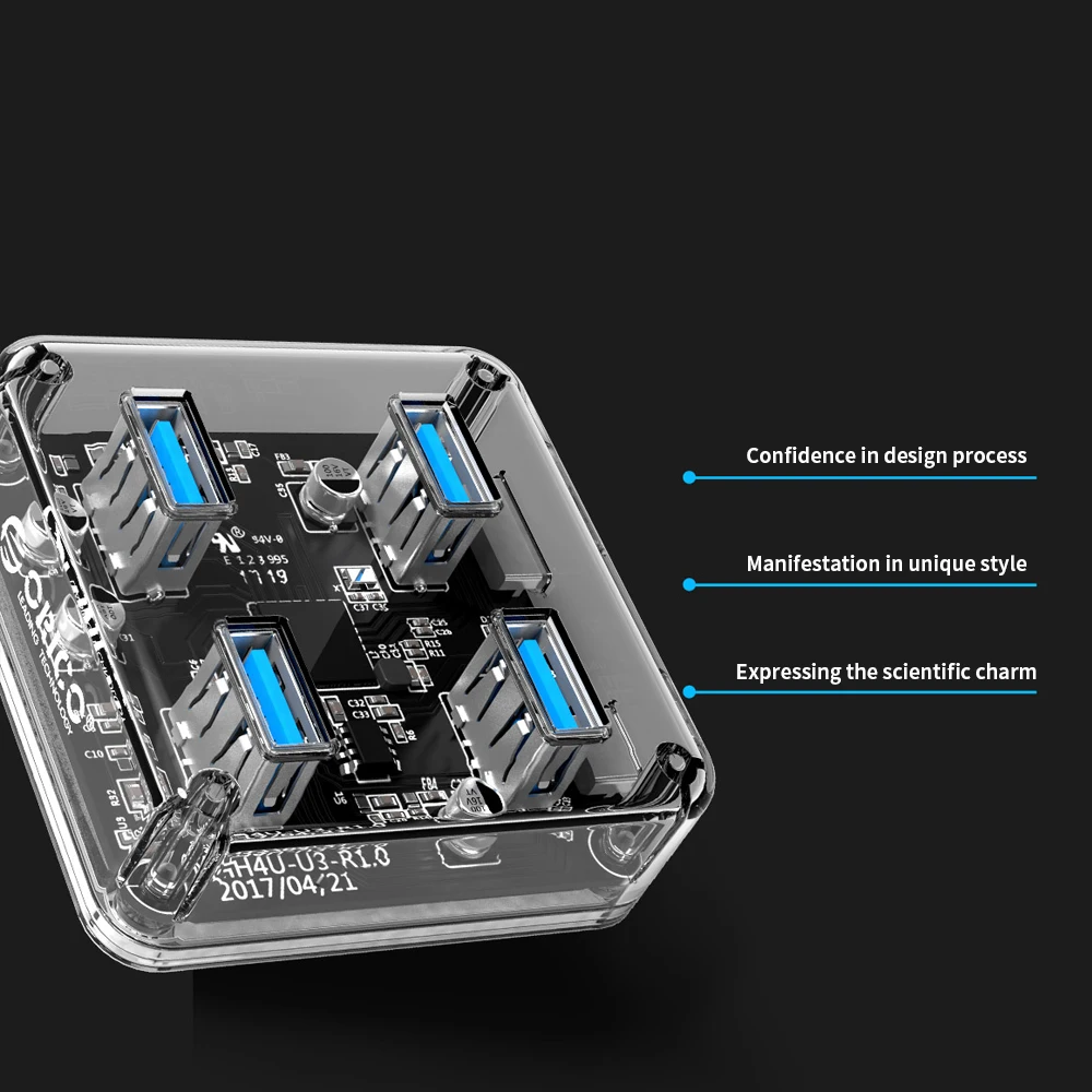 ORICO Прозрачный USB 3,0 концентратор 4 порта Высокоскоростной USB разветвитель с зарядным интерфейсом для Windows Mac Linux ноутбука ПК USB