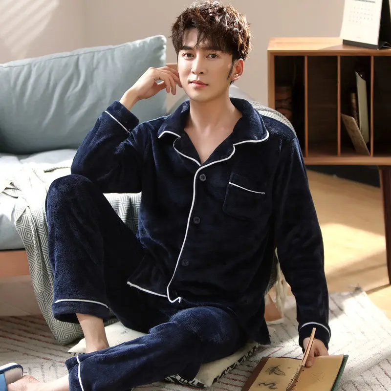 Winter Thick Warm Flannel Pajamas Set For Men Sleepwear Pyjamas Suit Home Clothing coral fleece warm pyjamas Winter Thick Warm Flannel Pajamas Set For Men Sleepwear Pyjamas Suit Home Clothing coral fleece warm pyjamas