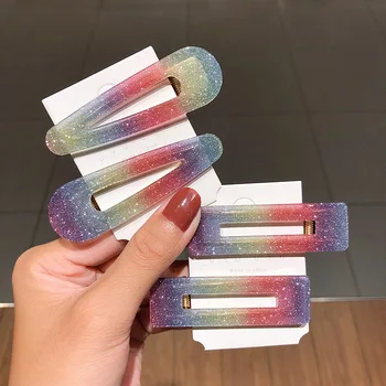 

1Set=2pcs Girls Ins Starry Glitter Pink Colorful Gradient Hairpin Hollow Square Water Drop Simple Hairpin Hair Accessories