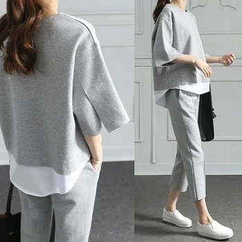 

2019 Autumn Casual O-Neck Fake Two Pieces Top Ankle-Length Pants Two-piece Sets Loose Splits Sleeve Cotton Suits
