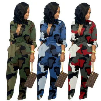 

Fashion Women Camouflage Jumpsuit V Neck Long Sleeve Drawstring Romper Long Sleeve Outfits