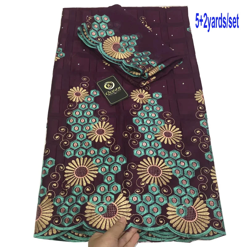 

100% cotton high quality Dubai Swiss voile lace fabric with embroidery 5 yards + 2 yards chiffon lace for party dress DBL34
