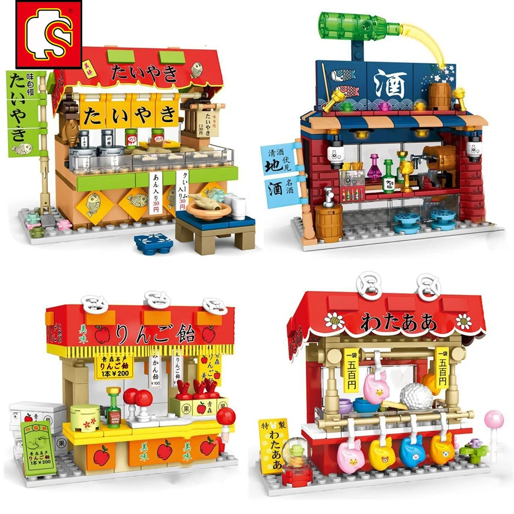 Sembo City Giapponese Street View Shop Barbecue Sushi Rasato Ghiaccio Ramen Mood Building Blocks Giocattoli In Mattoni Esperto Creativo Classico