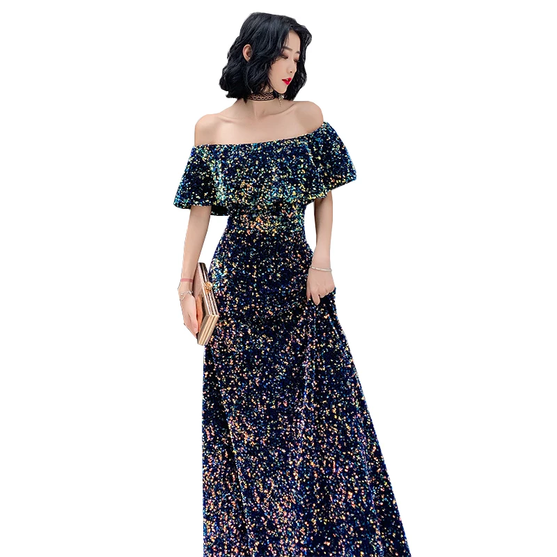 

New Evening Dress Sequins Long Colored Off-The-Shoulder Party Gowns Fashion Queen Shiny Prom Evening Gowns Temperament Elegant