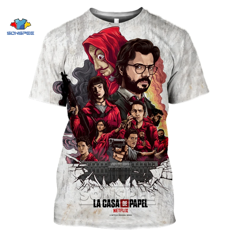 SONSPEE Летняя женская футболка с 3d принтом La Casa De Papel ограблением денег ТВ футболки