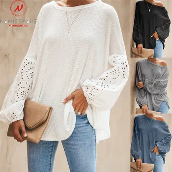 

Fashion Women Spring Autumn T-Shirts Hollow Out Design See Through O-Neck Long Sleeve Solid Color Casual Loose Pullovers Top