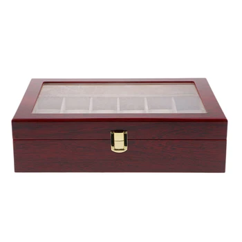 

12 Slots Red Solid Wood Glass Collect Watch Rings Display Storage Box Case