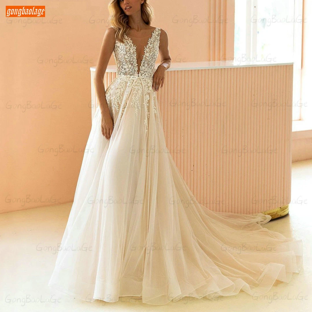 New Boho Ivory Wedding Dress 2021 Sleeveless Vestido De Novia Lace Appliqued Tulle A Line Hochzeitskleid Custom Made Bride Gowns cheap wedding dresses