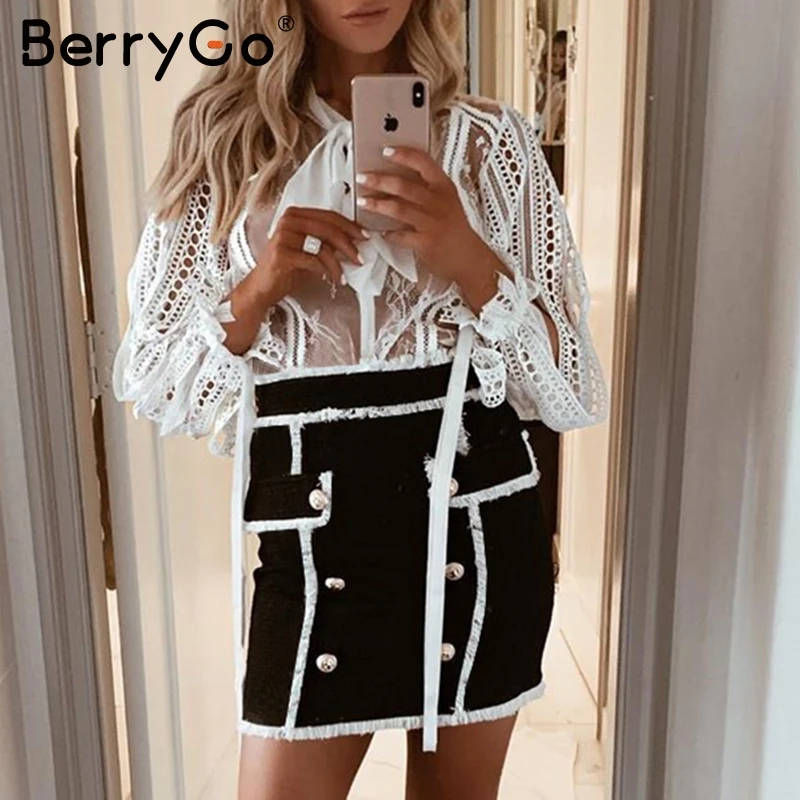 BerryGo элегантная двубортная твидовая юбка женская винтажная Лоскутная Женская короткая юбка офисные женские осенние мини-юбки на молнии