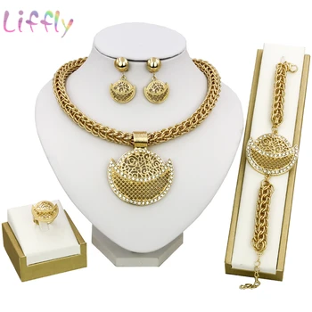 

African Jewelry Sets for Women Fashion Crystal Pendant Necklace Earrings Ring Bracelet Round Shape Wedding Bridal Jewelry Set