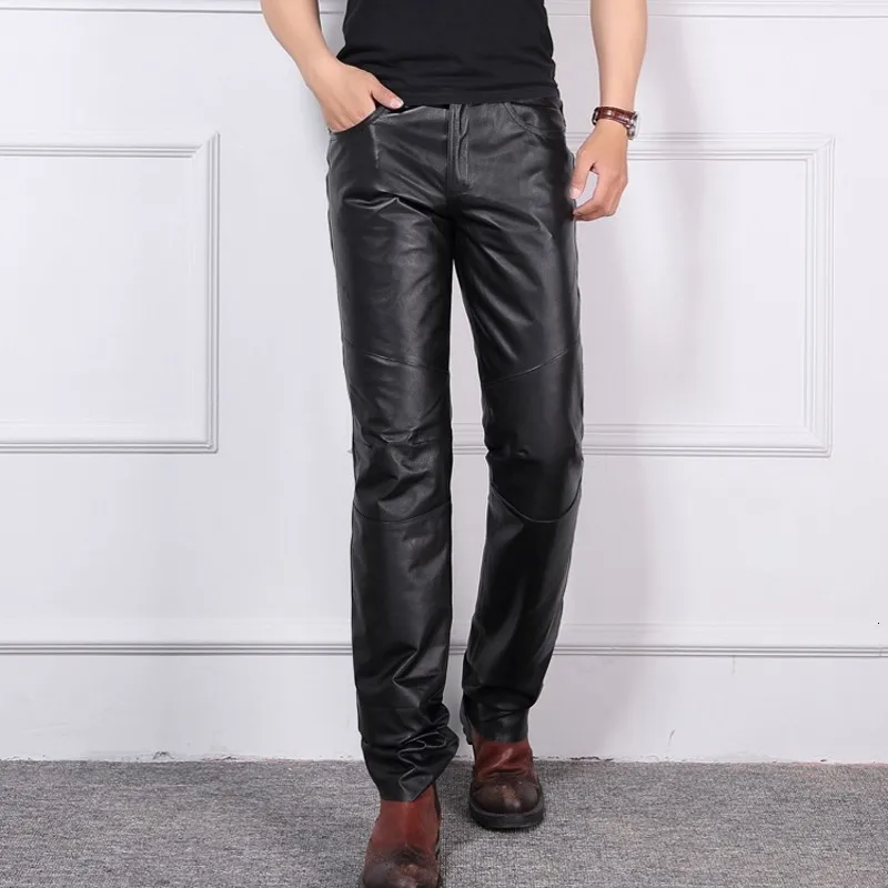 Winter Dikke Warme Cargo Down Broek Mannen Volledige Lengte Echt Leer Motorfiets Broek Mannen Biker Punk Pantalon Hombre Plus Size