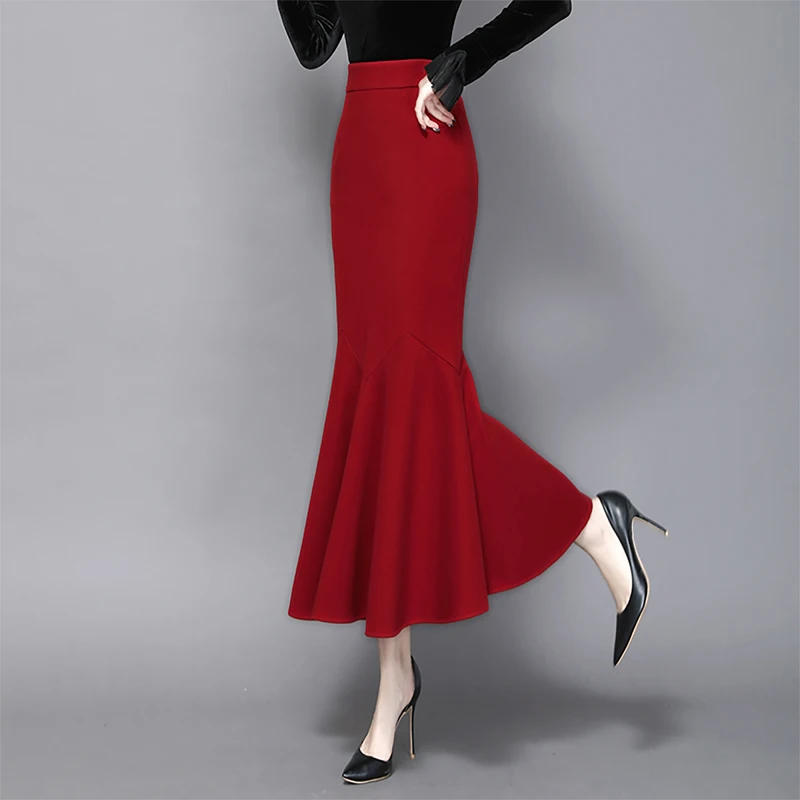 TIYIHAILEY Free Shipping 2021 Fashion Long Maxi Skirt Women Plus Size S-2XL Mermaid Style Fish Tail Stretch Ladies Wool Skirt