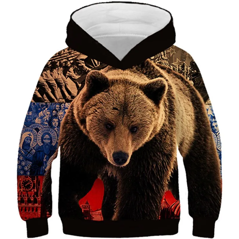 4-13 Years Old Kids 3D Hoodies Boys Girls Animal Brown Bear Tiger Wolf Print Hooded Sweatshirts Children Fashion Pullovers Tops | Мать и