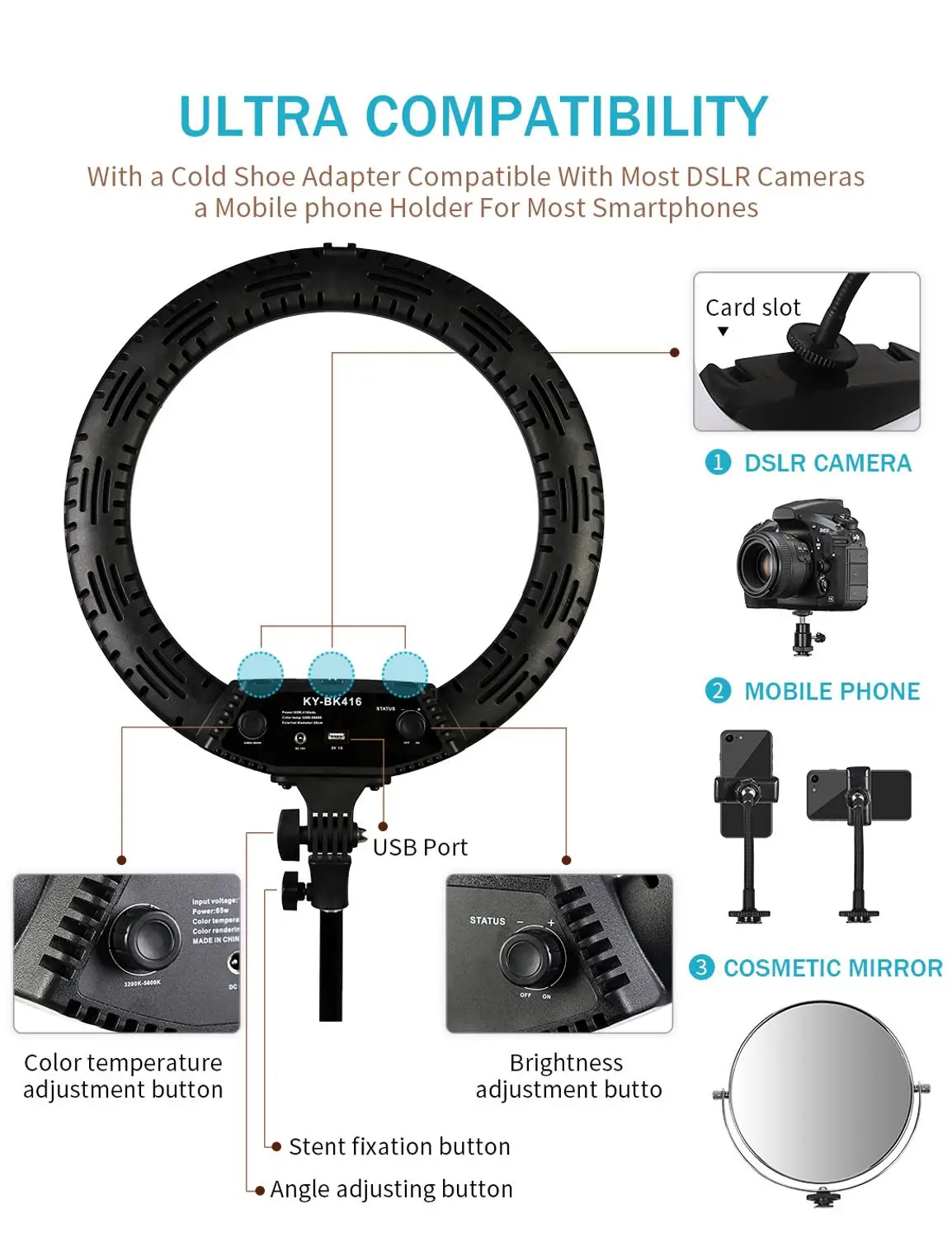Photo Studio Selfie Ring Light 18 Inch Dimmable LED Lamp for Makeup Youtube Video with Cosmetic Mirror 2M Tripod 3 Phone Holder