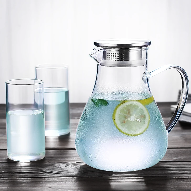 

1.8L Heat Resistant Filter Strainer Glass Teapot, Glass Pitcher with Bamboo Lid Glass Kettle Water Tumbler Tea Bottle