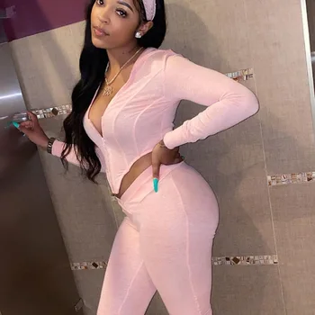 

Shestyle Asymmestical Tracksuit Women Sexy 2020 Autumn Solid Hooded Hat V Neck Leggings 2 Pieces Sets Workout Sportwear
