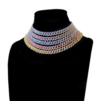 

9mm Cuban Link Chain Chunky Hip Hop Jewelry Bling Bling Blue Pink Cubic Zirconia Gold Silver Color Necklace for Men Women