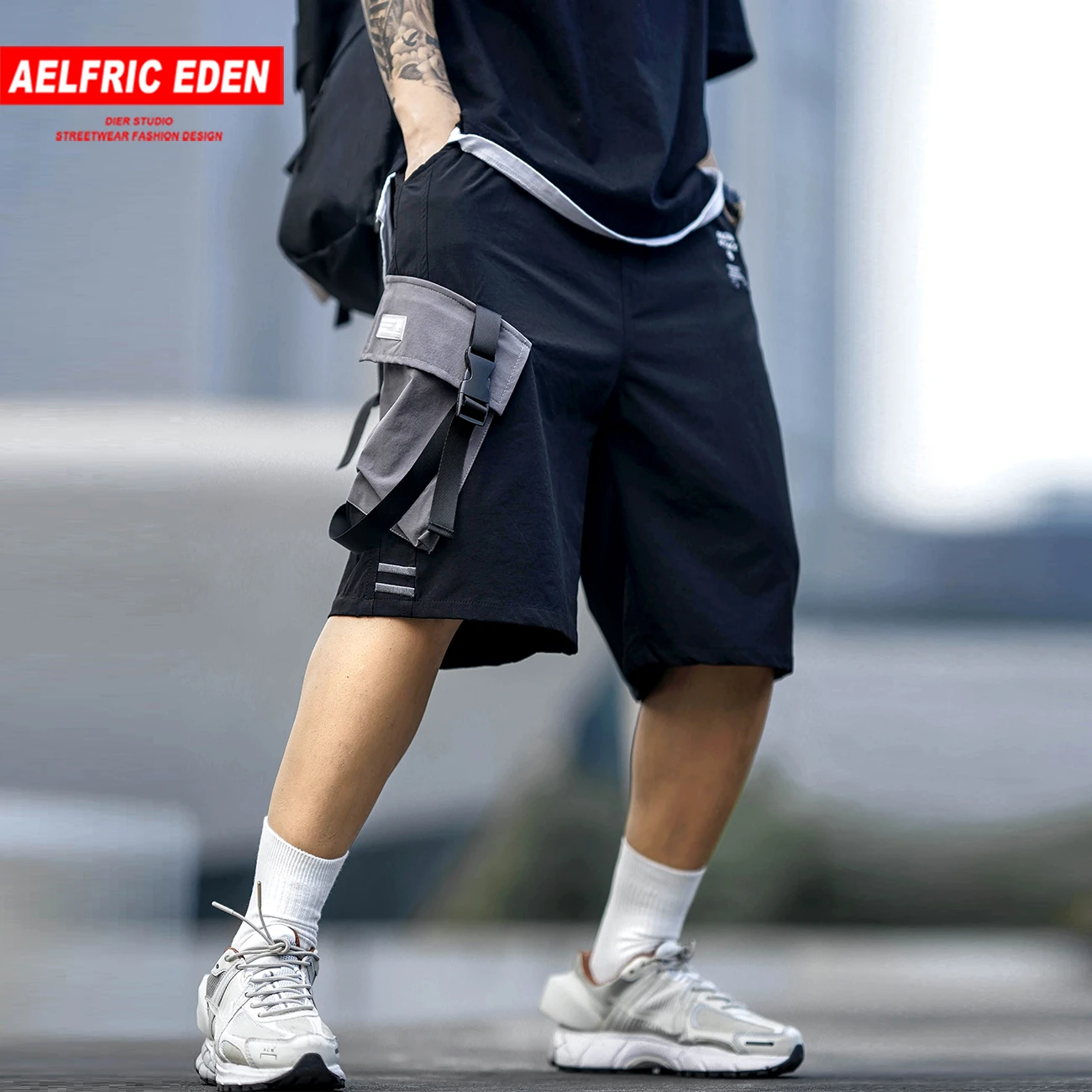 Pantalones cortos con cintas y bolsillos laterales a la moda Hip Hop para hombres, cortos 2020, pantalones cortos estilo harén holgados hasta la rodilla|Pantalones cortos| - AliExpress