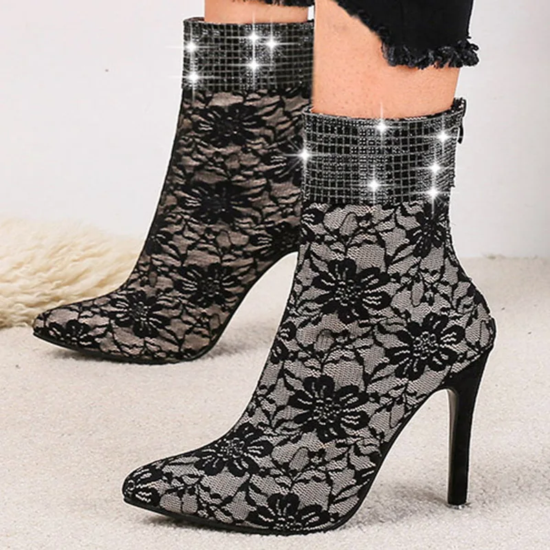 

Winter Luxury Women Pumps flower High Thin Heels Mid Calf Point Toe Platform Party Wedding Shoes Ladies Pumps Zapatos De Mujer