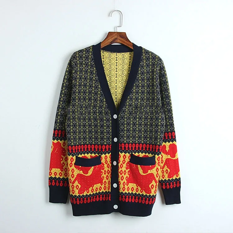 ^Cheap Hit Color Wool Cardigan Sweater 2019 Spring V-neck Hit Color Plaid Jacquard Women Sweater Cardigan Female Casual Loose Knit Coat