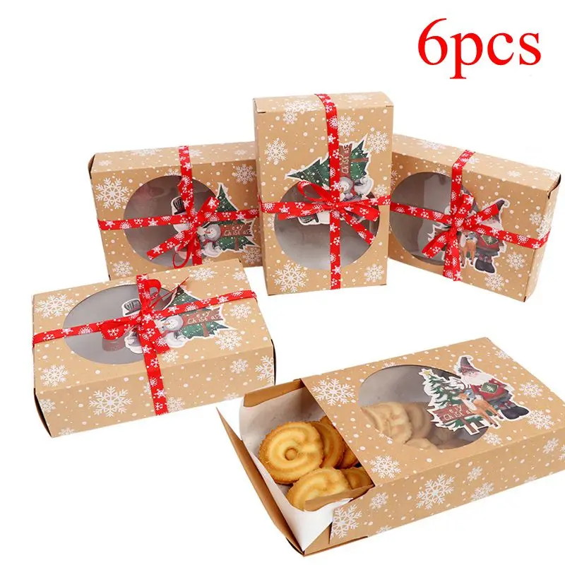 6pcs Cookie Box OurWarm 6 шт. рождественские коробки для печенья с окном пищевой крафт-коробки для хлебобулочных изделий с масленкой и лентами для праздничного подарка Navidad - Цвет: 6pcs Cookie Box