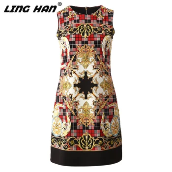 

LINGHAN Vintage Print Mini Dress Women's Fashion Beading Sleeveless Tank Dresses Designer Spring Summer New