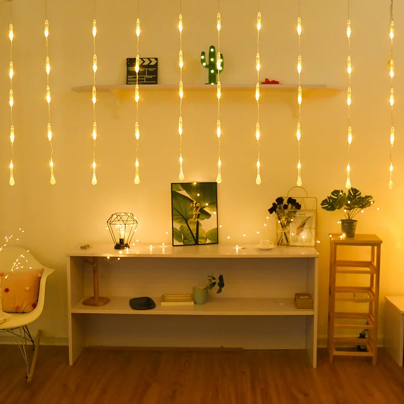 

220V EU Plug Water Drop Curtain Light Waterproof Indoor Outdoor Christmas Garlands Fairy String Light Wedding Party Decoration