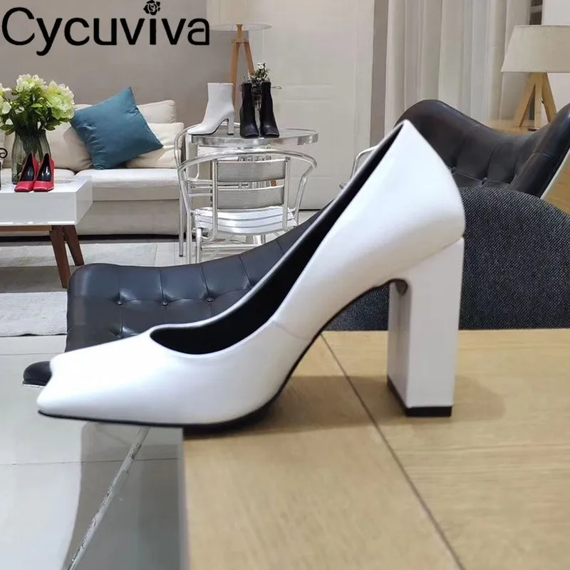 Chic Square Toe Woman Pumps Chunky Sole high Heel Dress Shoes Femma Concise Slip On Party Weeding Shoes Woman - Цвет: white