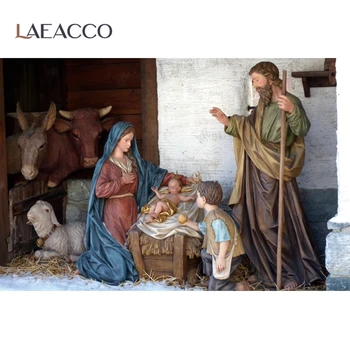 

Laeacco Christmas Festivals Nativity Scene Jesus Birth OX Sheep Shepherd Shed Party Decor Photo Background Photography Backdrops