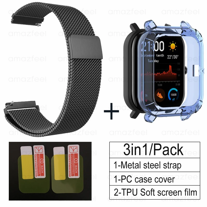 black-blue 3в1 наручный ремешок для Amazfit GTS чехол TPU металлический Миланский Браслет для Huami Amazfit gts ремешок для экрана Защитная пленка - Цвет: black-blue