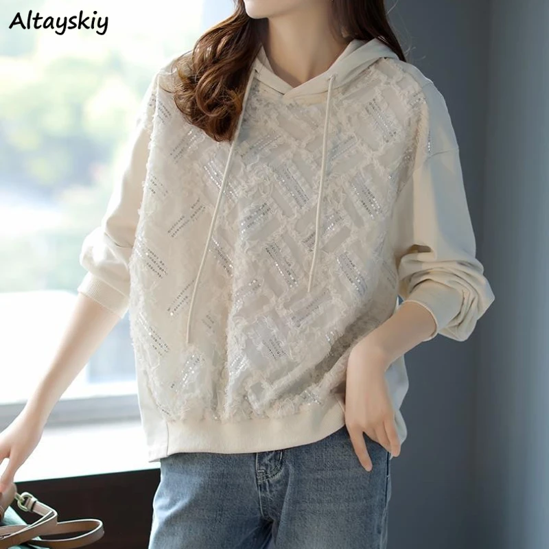 With Hat Hoodies Women Spring Autumn Fashion All-match Korean Style Design Patchwork Sequins Mesh Fairy Straight Casual Oversize | Женская